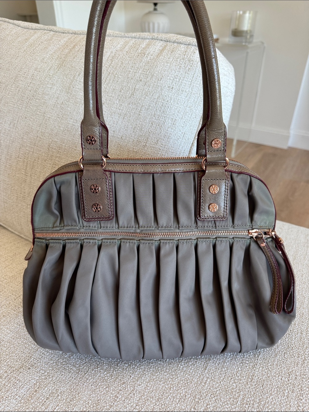 MZ Wallace Bea bag pleated nylon handbag satchel taupe w/rose gold hardware